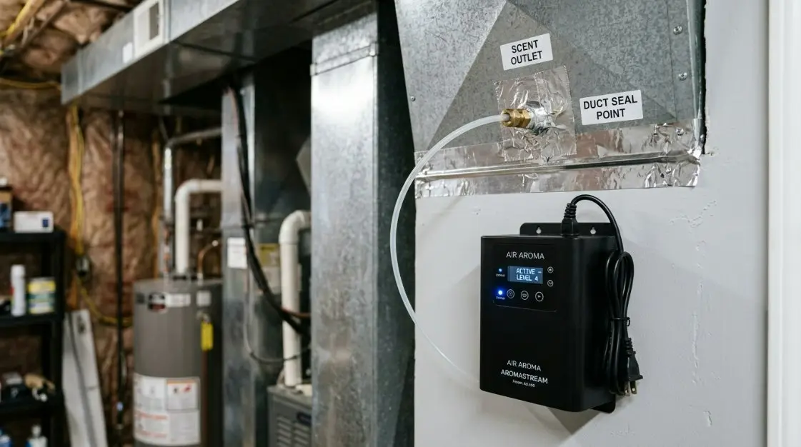 An installation blueprint showing a smart scent air machine connected cleanly to home HVAC ductwork with clear labeling of the tubing and sealing points.
